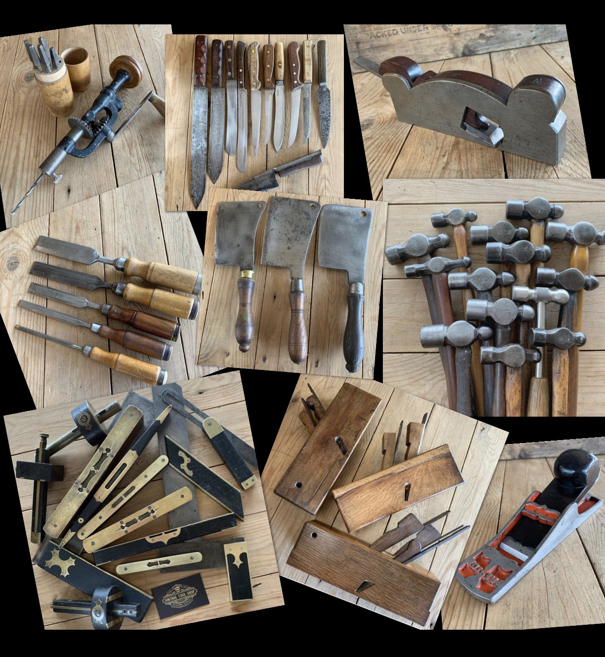 vintage antique hand tools cleaver drills knives knife plane planes chisel chisel sets hammer hammers levels wooden planes 