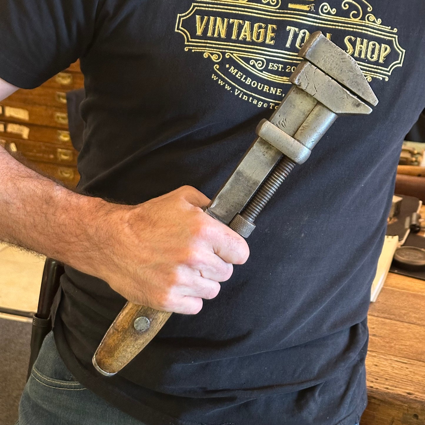 H2369 Vintage large adjustable COES USA 15” WRENCH wooden handle