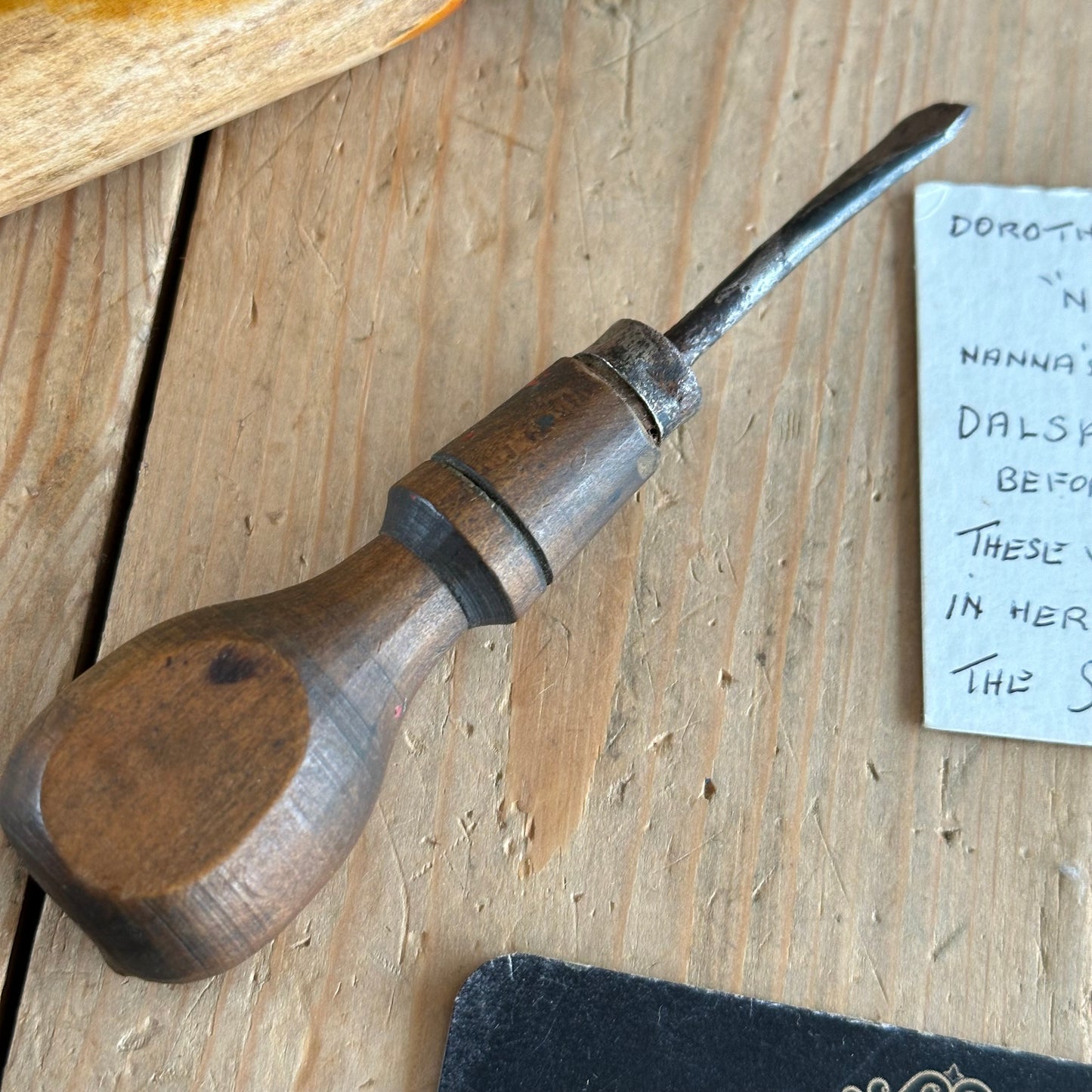 SOLD. H1299 Vintage “NANNA” ORIGINAL slipper making TOOLS cobblers closing hammer