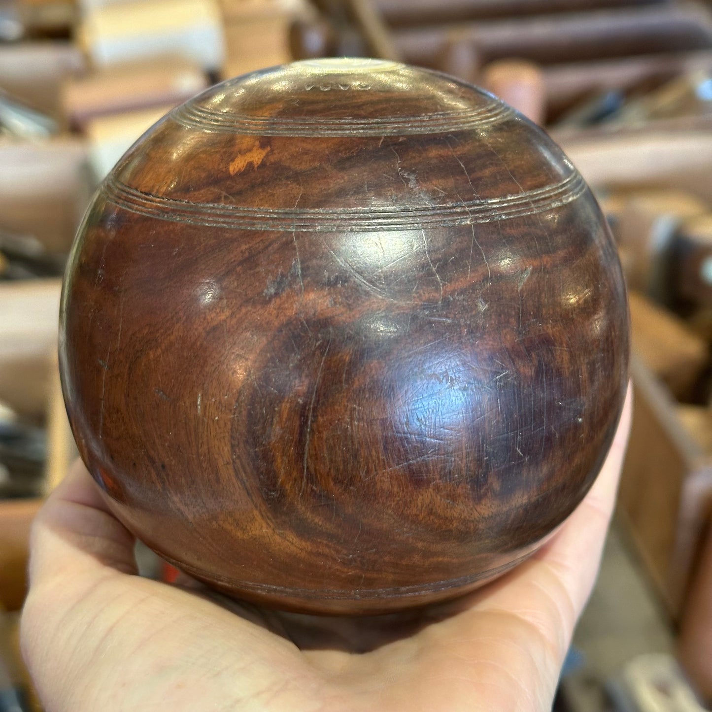 SOLD T9096 Vintage LIGNUM VITAE Wooden Lawn BALL with