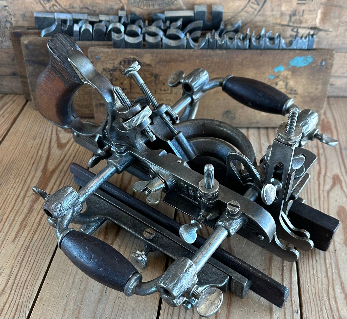 SOLD. N1088 Antique STANLEY USA No.55 Combination PLANE + 50 x CUTTERS