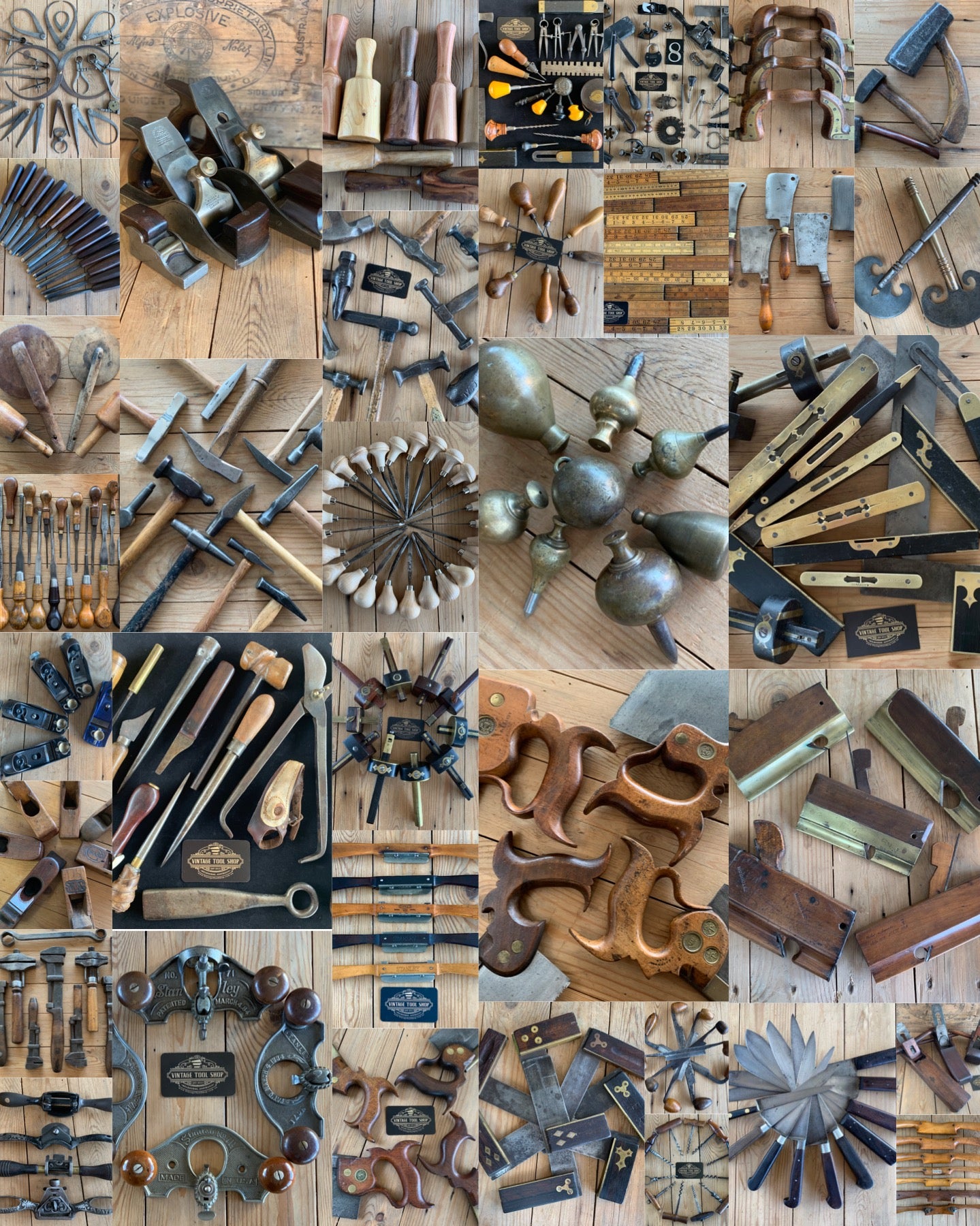Vintage Tool Shop antique hand woodworking saw plane chisel axe hammer level tools