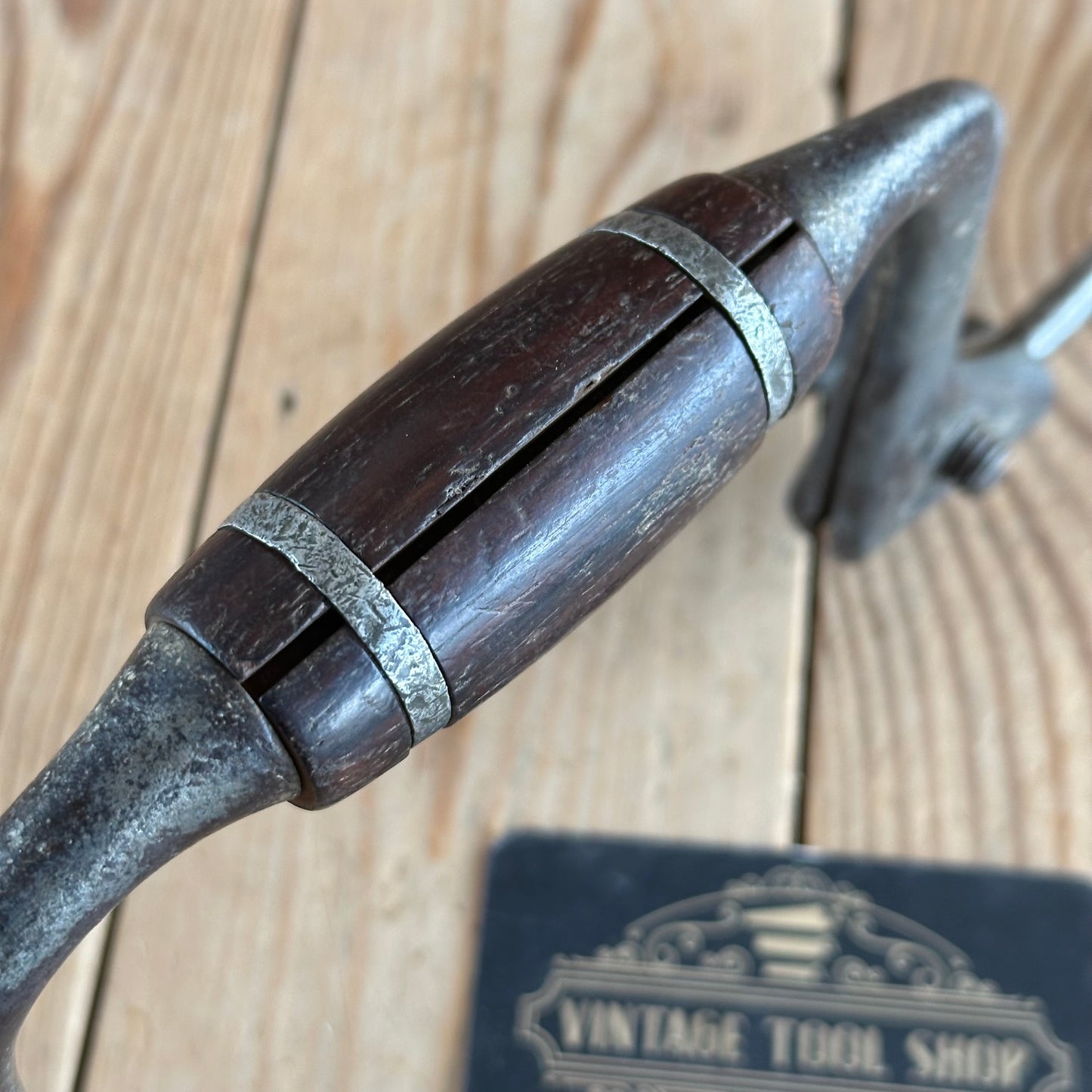 T2947 Antique JOHN FRAY 8” Pewter Ring Cocobolo Handled Drill BRACE