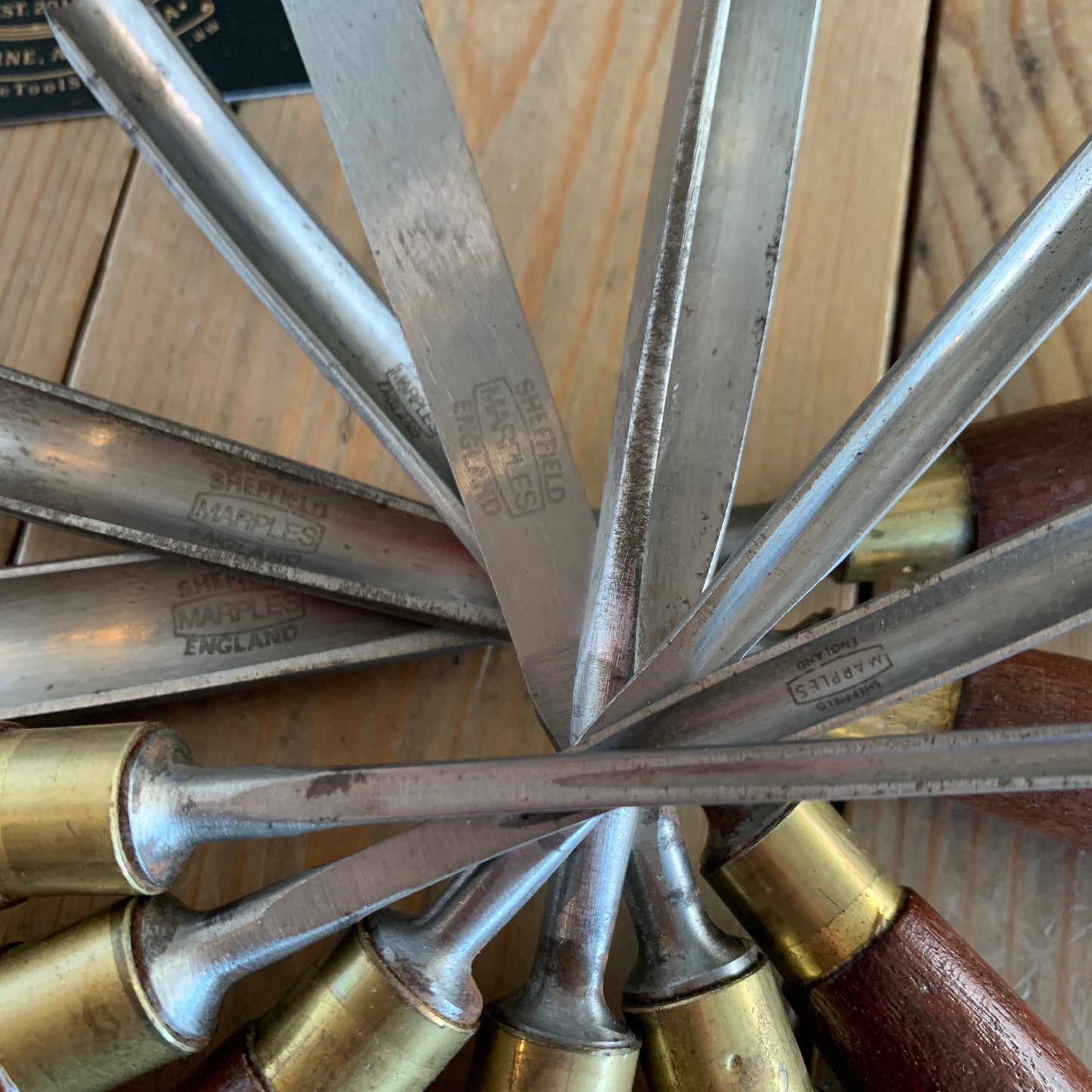 SOLD Vintage set of 6 + 2 MARPLES England Carving CHISELS No:M60A in box T8827