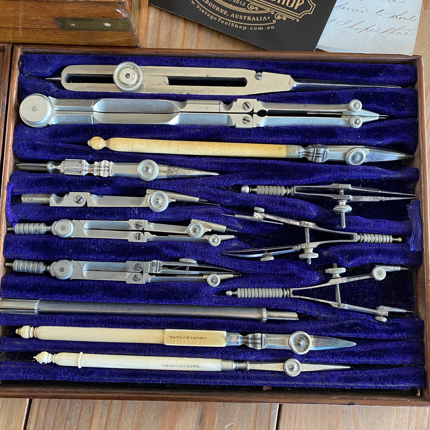 SOLD Antique Watson & Sons London & Melbourne fancy DRAFTING tools DRAWING SET Ivory handles in Rosewood box T8229