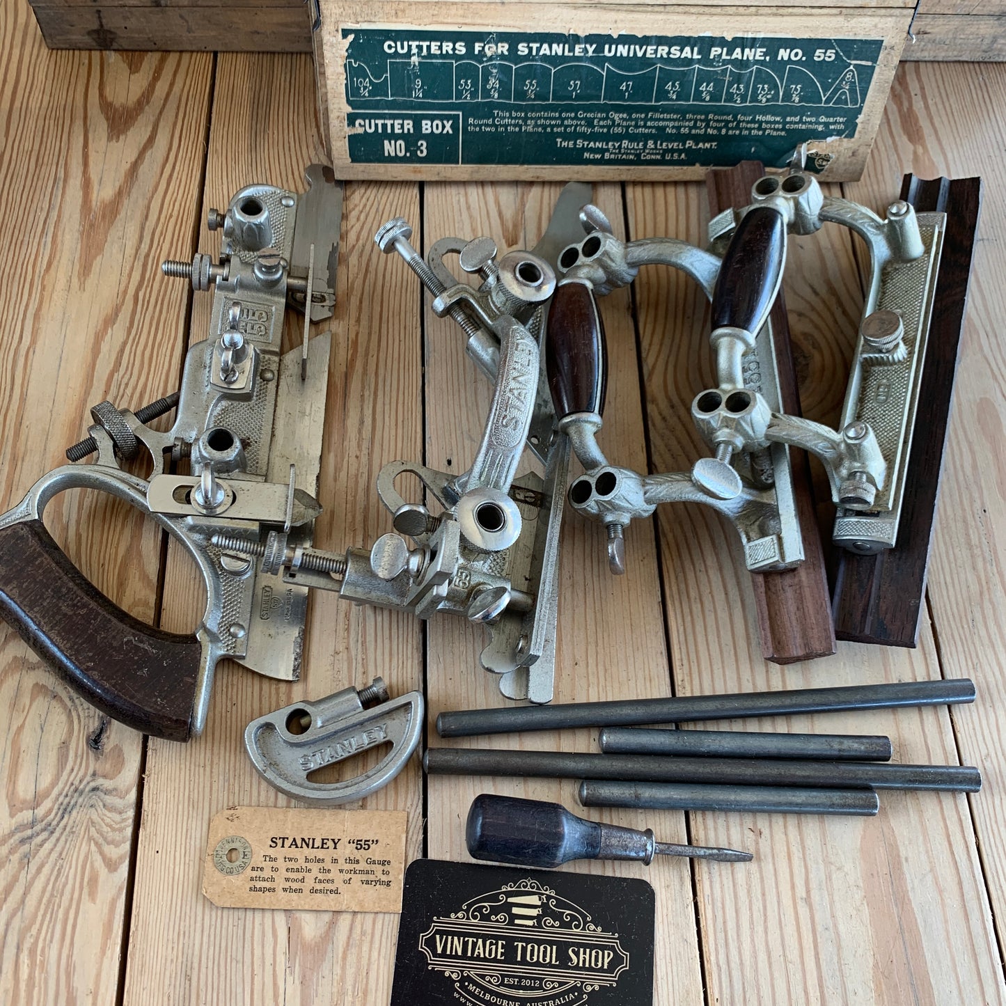 SOLD Antique STANLEY USA No.55 Sweetheart era Combination PLANE full 55 CUTTERS IOB T8973