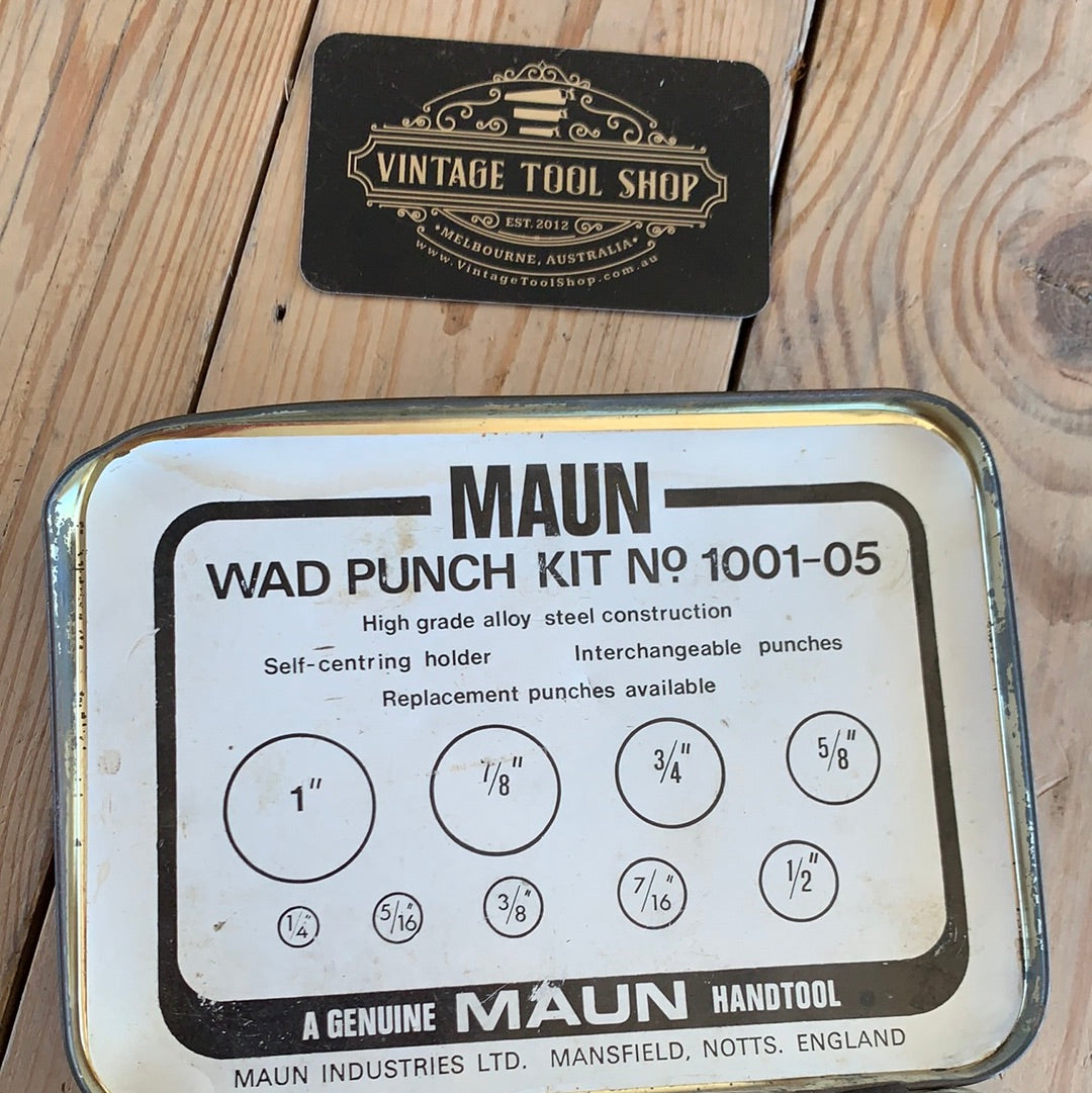 Vintage set of 9 MAUN England WAD punch kit imperial LEATHER hole punching tools T4650