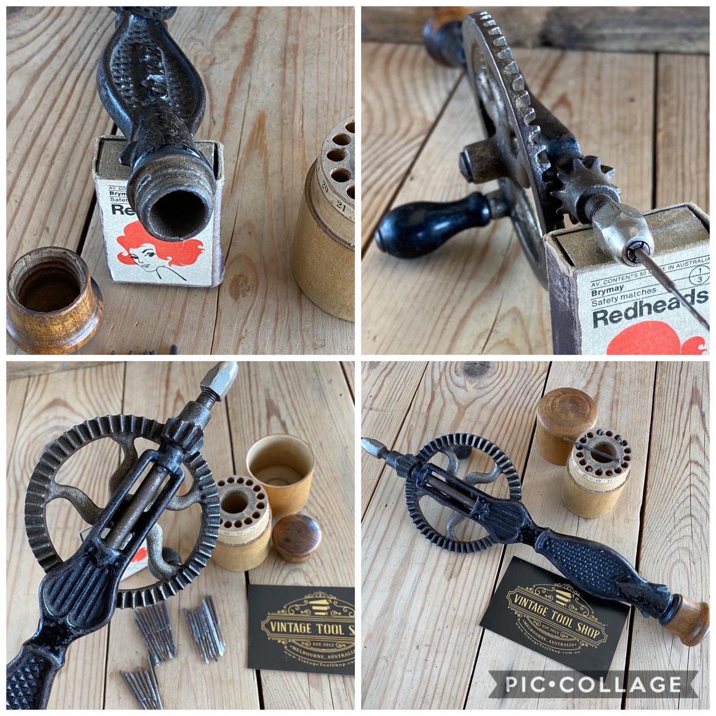 SOLD Antique ORW ornate IRON FRAME DRILL & drill bits IOB T10019