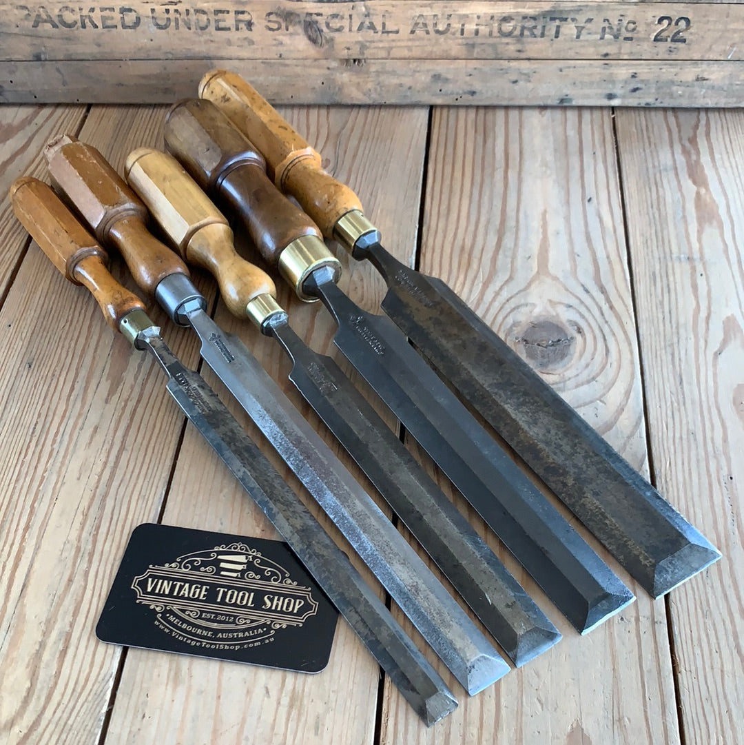 SOLD T9439 Vintage 5x Bevelled pairing CHISELS Boxwood handles
