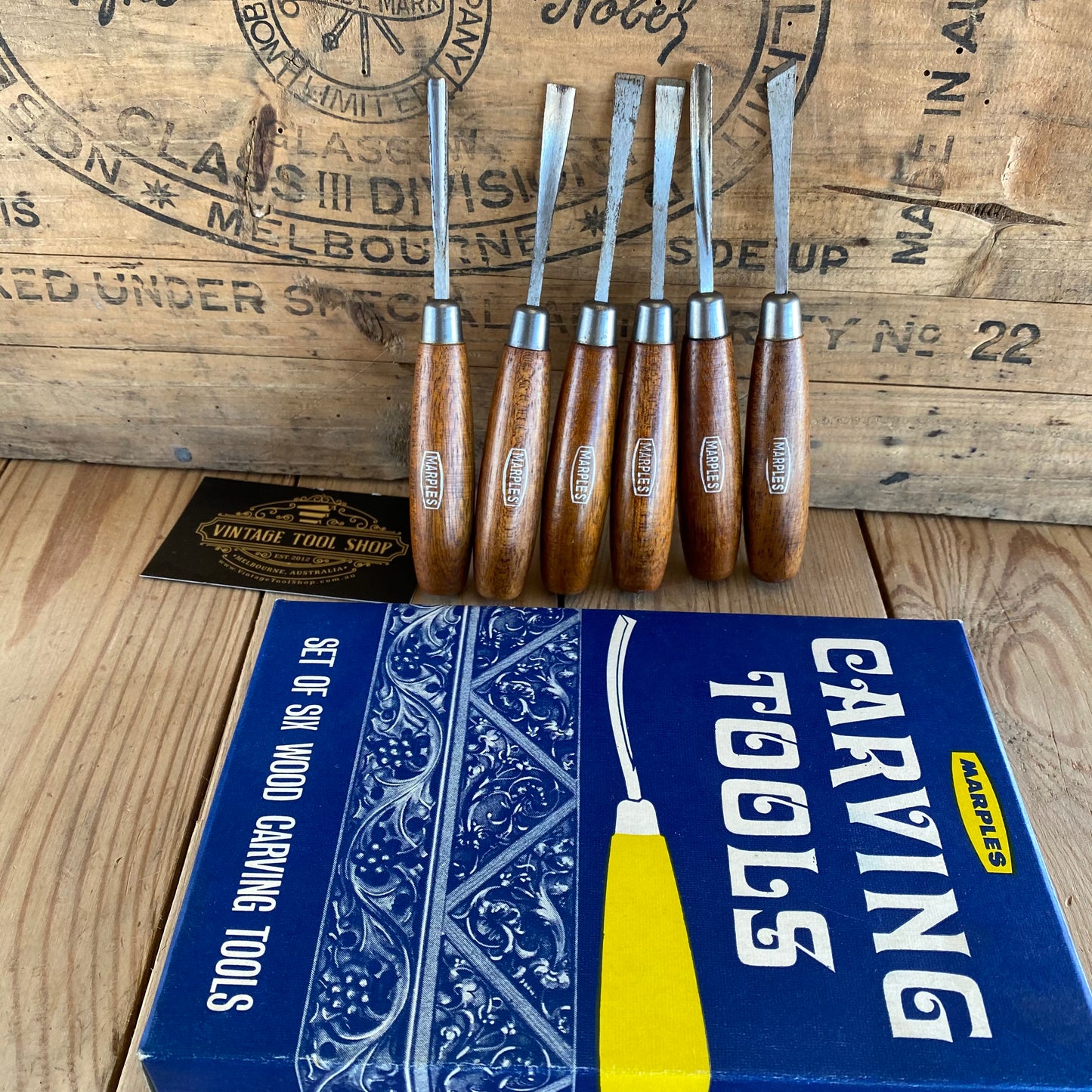 SOLD Vintage set of 6 MARPLES England Carving CHISELS No.153 unused in box T7816