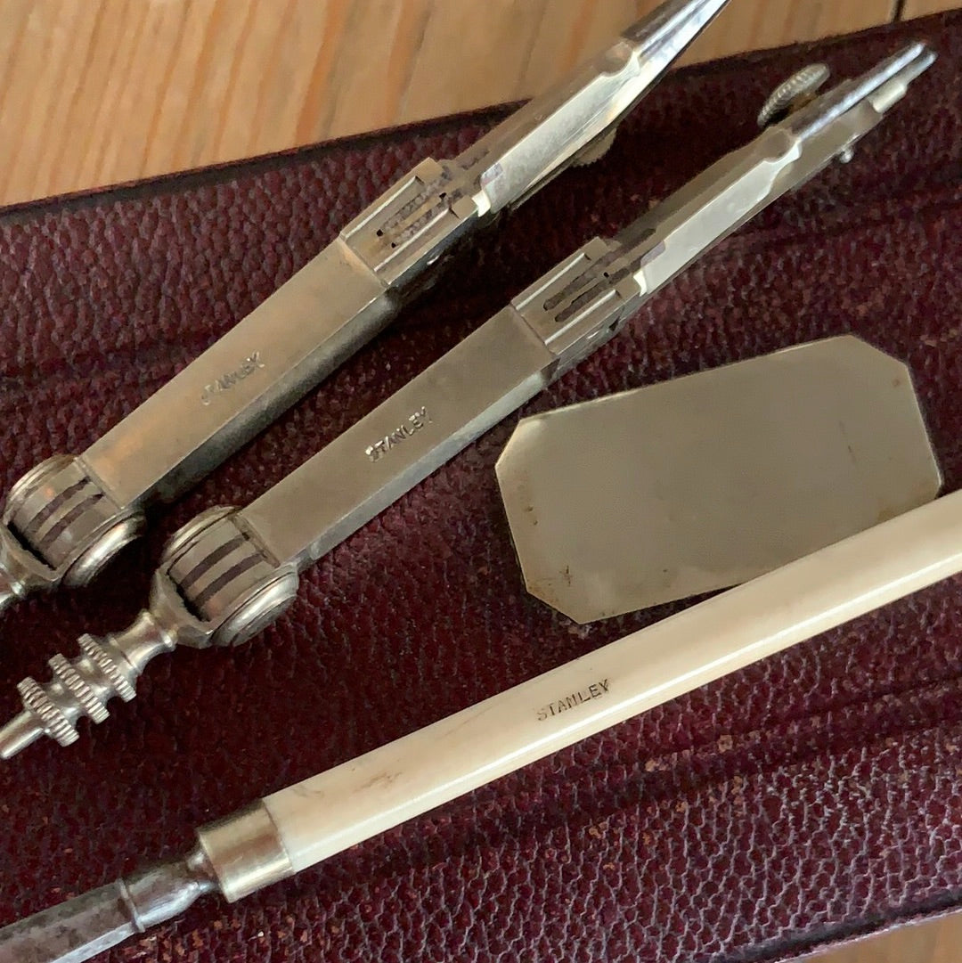 SOLD Vintage fancy STANLEY London DRAFTING tools DRAWING SET Ivory handles in leather box T8714