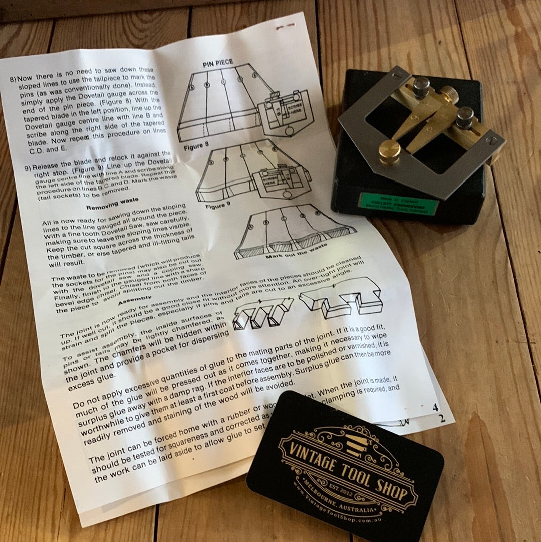 SOLD T9629 Vintage DOVETAIL marker by COLLETT England marking gauge IOB instructions