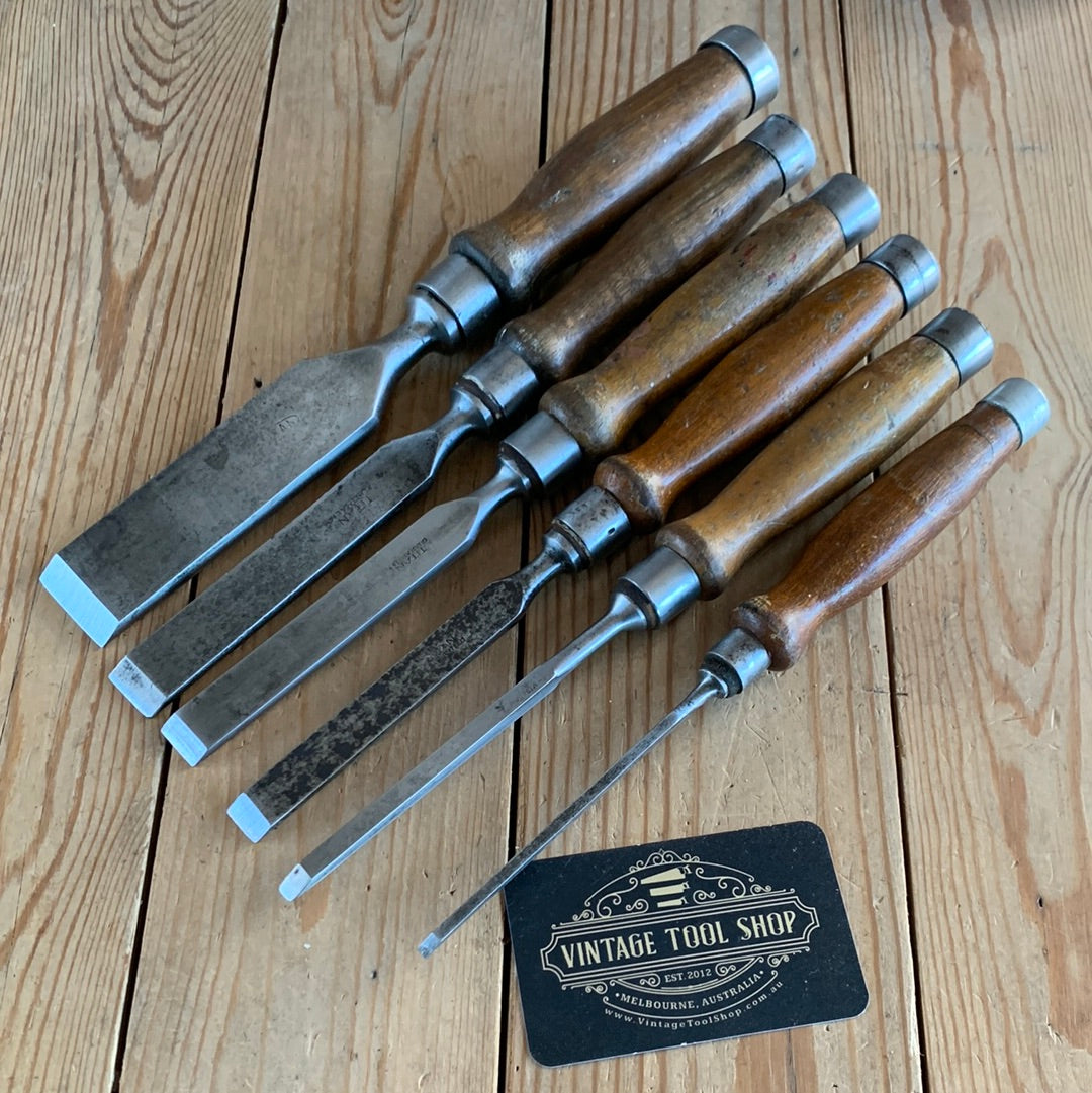 Vintage mixed set of 6 x REGISTERED FIrmer CHISELS English makers ...