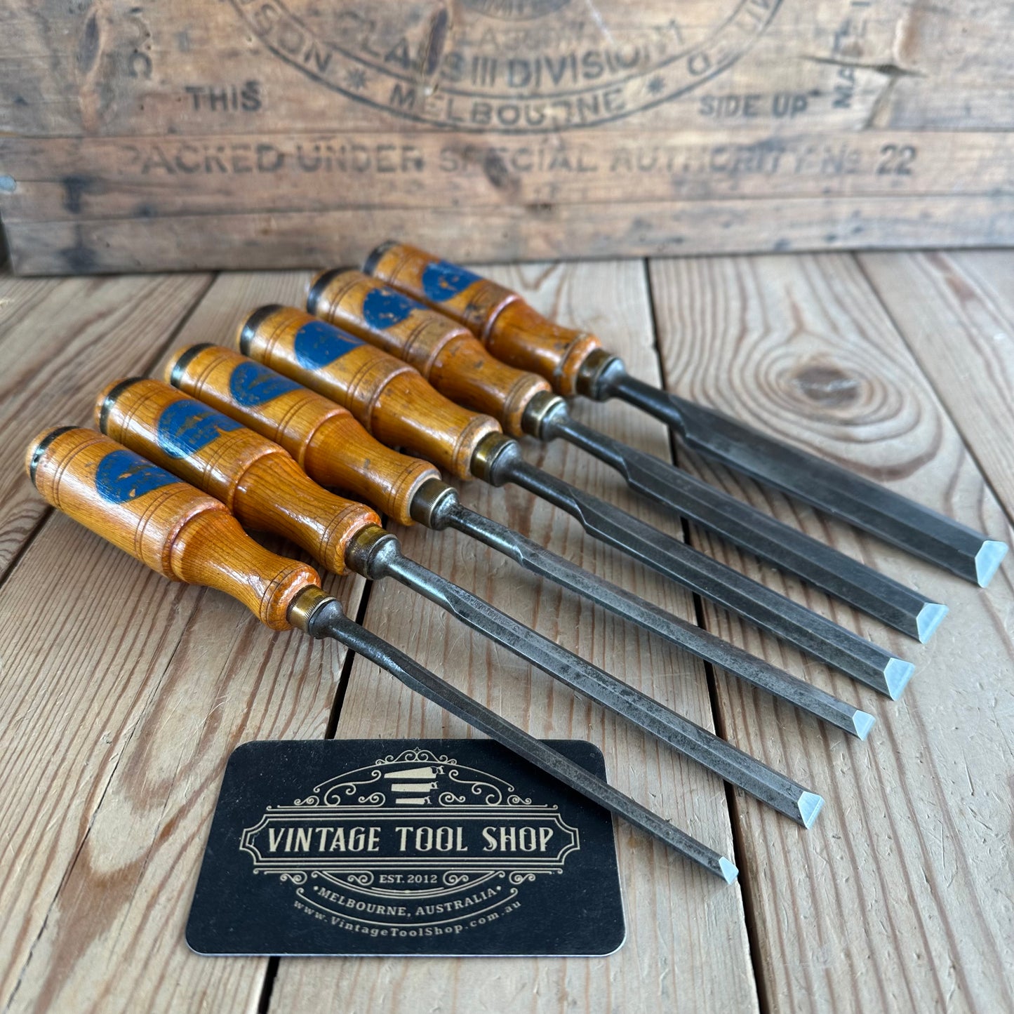 H2361 Vintage set of 6 x E.A. BERG Sweden wooden handled BEVEL CHISELS