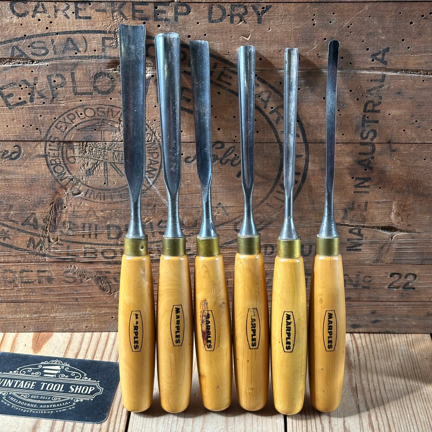 H2571 Vintage set of 6 MARPLES England Boxwood Handled Carving GOUGES CHISELS