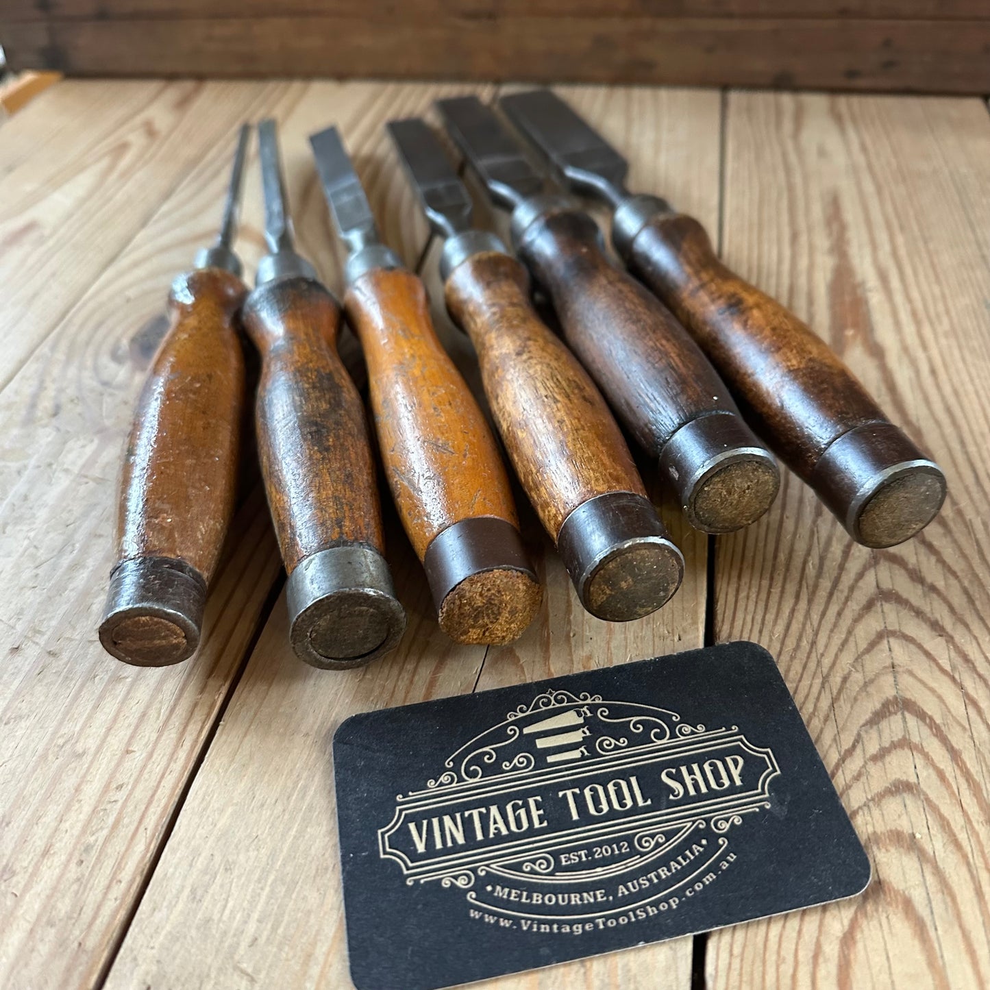 H2459 ICONIC! Vintage set of 6 x TITAN AUSTRALIA No:101 Registered Firmer CHISELS