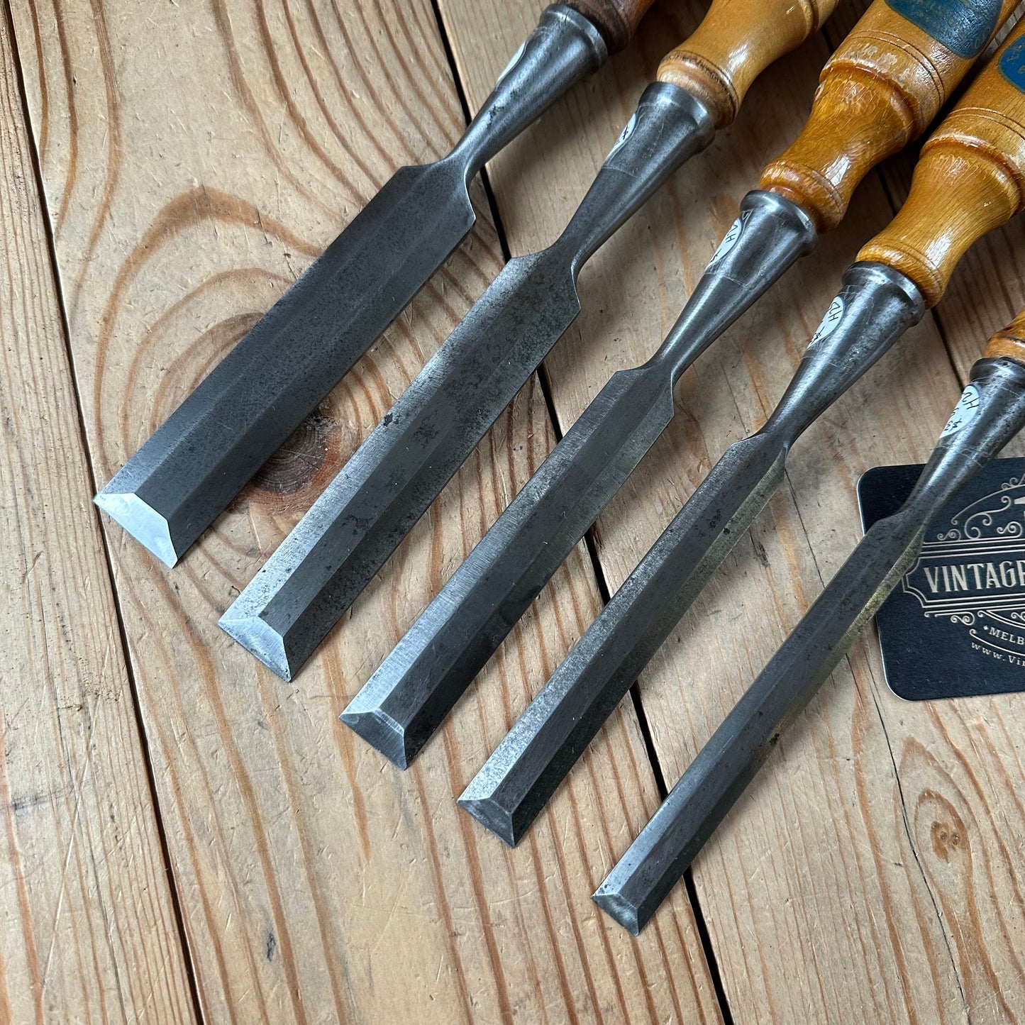 H2523 Vintage set of 5 x SWEDISH E.A. BERG Birch handled socketed BEVEL CHISELS