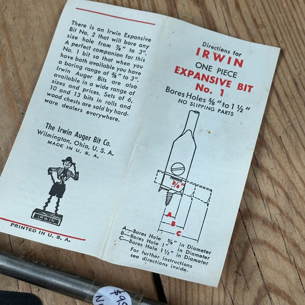 N1832 NEW OLD STOCK! Vintage IRWIN USA No.1 expansive DRILL BIT IOB