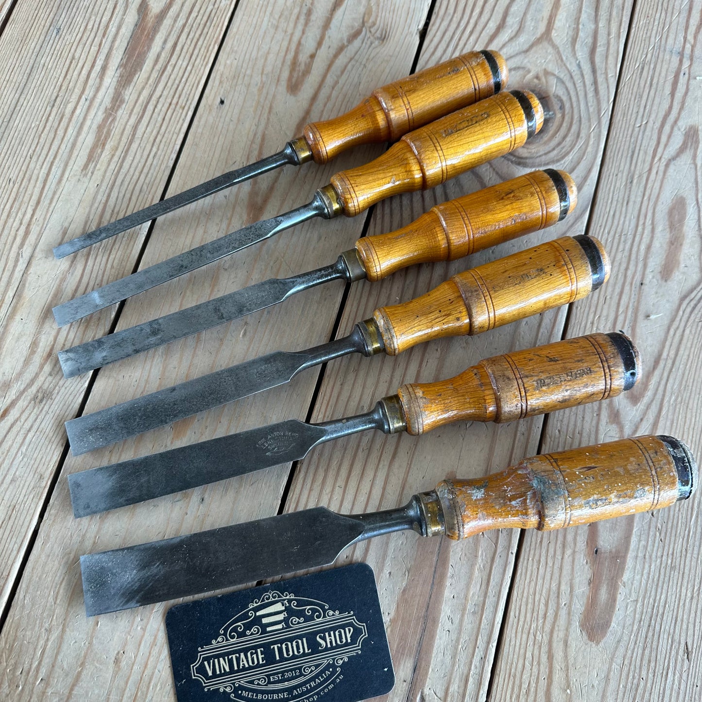 H2361 Vintage set of 6 x E.A. BERG Sweden wooden handled BEVEL CHISELS