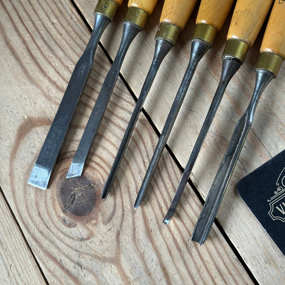 H2582 Vintage set of 6 MARPLES England Boxwood Handled Carving CHISELS including Skew & V-gouge