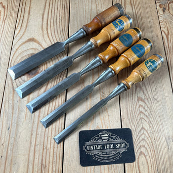H2523 Vintage set of 5 x SWEDISH E.A. BERG Birch handled socketed BEVEL CHISELS