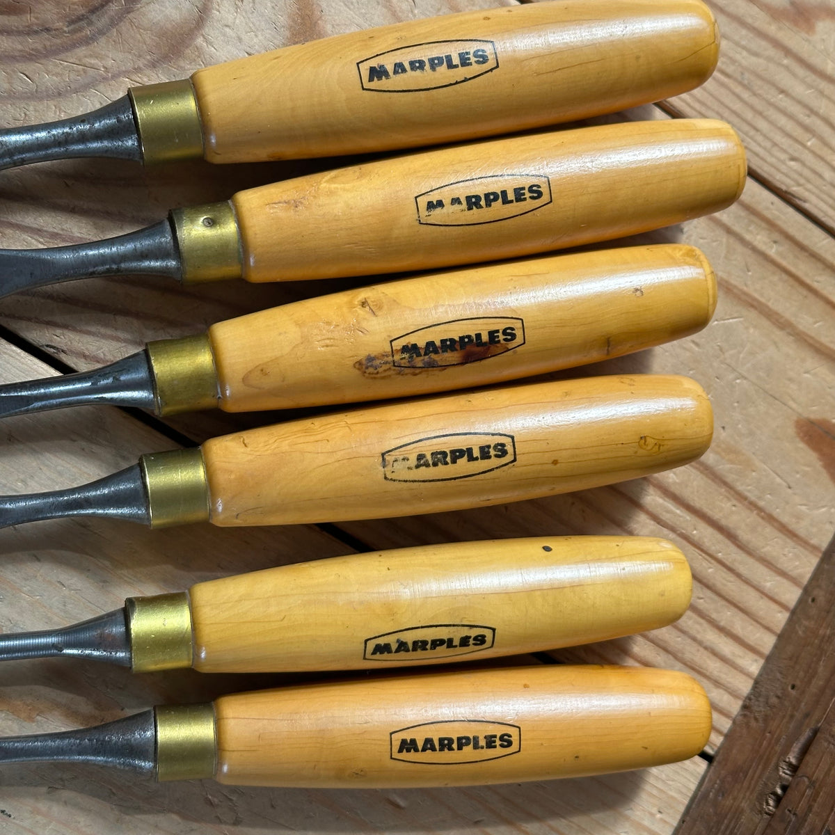 H2571 Vintage set of 6 MARPLES England Boxwood Handled Carving GOUGES CHISELS