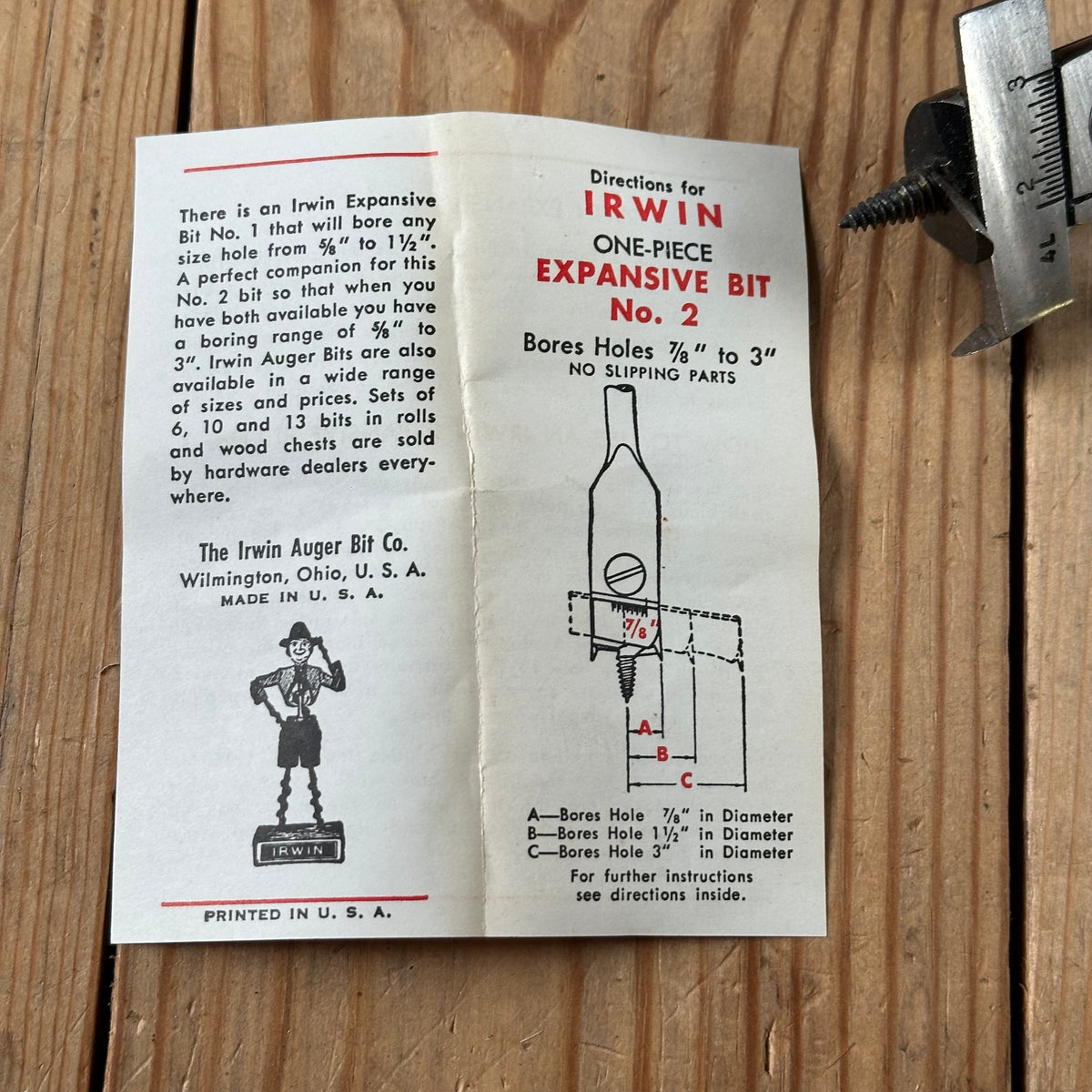 N1835 NEW OLD STOCK! Vintage IRWIN USA No.2 expansive DRILL BIT IOB
