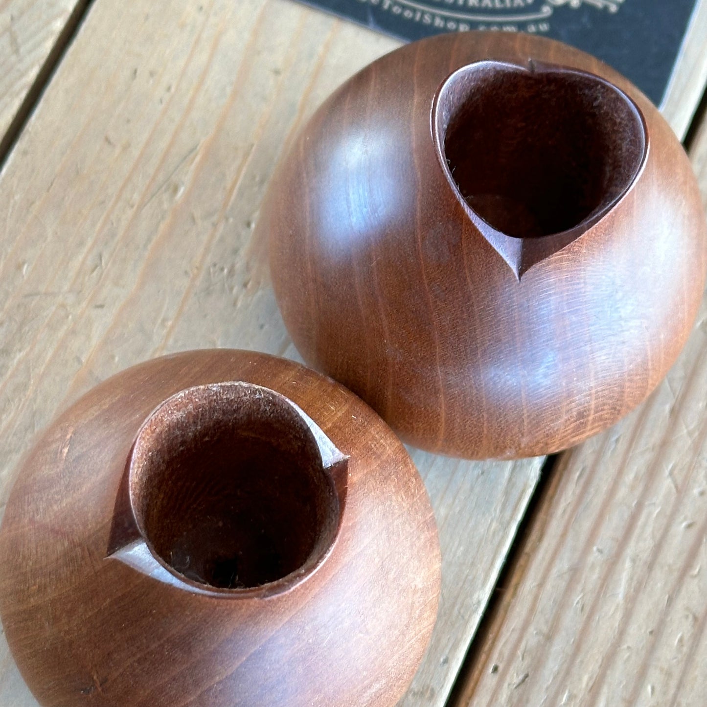 VD2280 Vintage pair of signed CHERRY wooden CANDLE HOLDERS