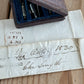 T9122 Antique small fancy DRAFTING tools DRAWING SET in leather box & 1830s envelope