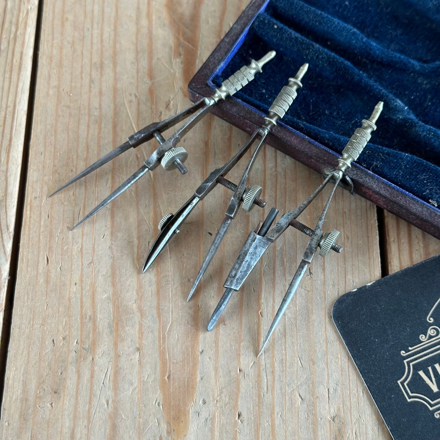 SOLD. H1954 Antique small fancy DRAFTING tools DRAWING SET in leather box & 1814 envelope-letter