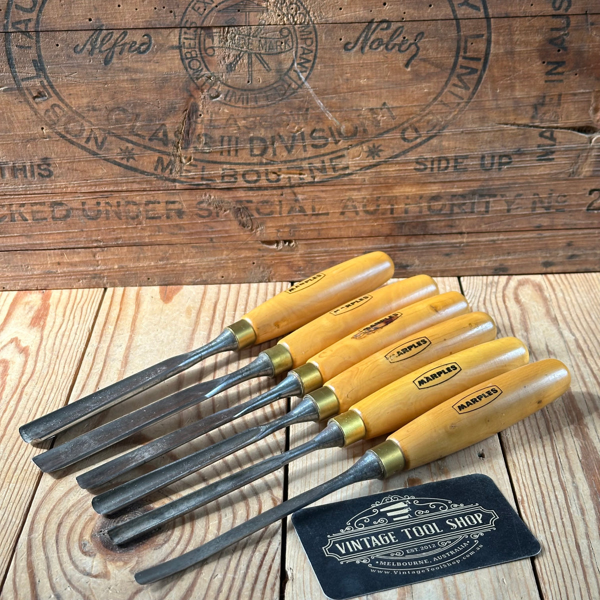 H2571 Vintage set of 6 MARPLES England Boxwood Handled Carving GOUGES CHISELS