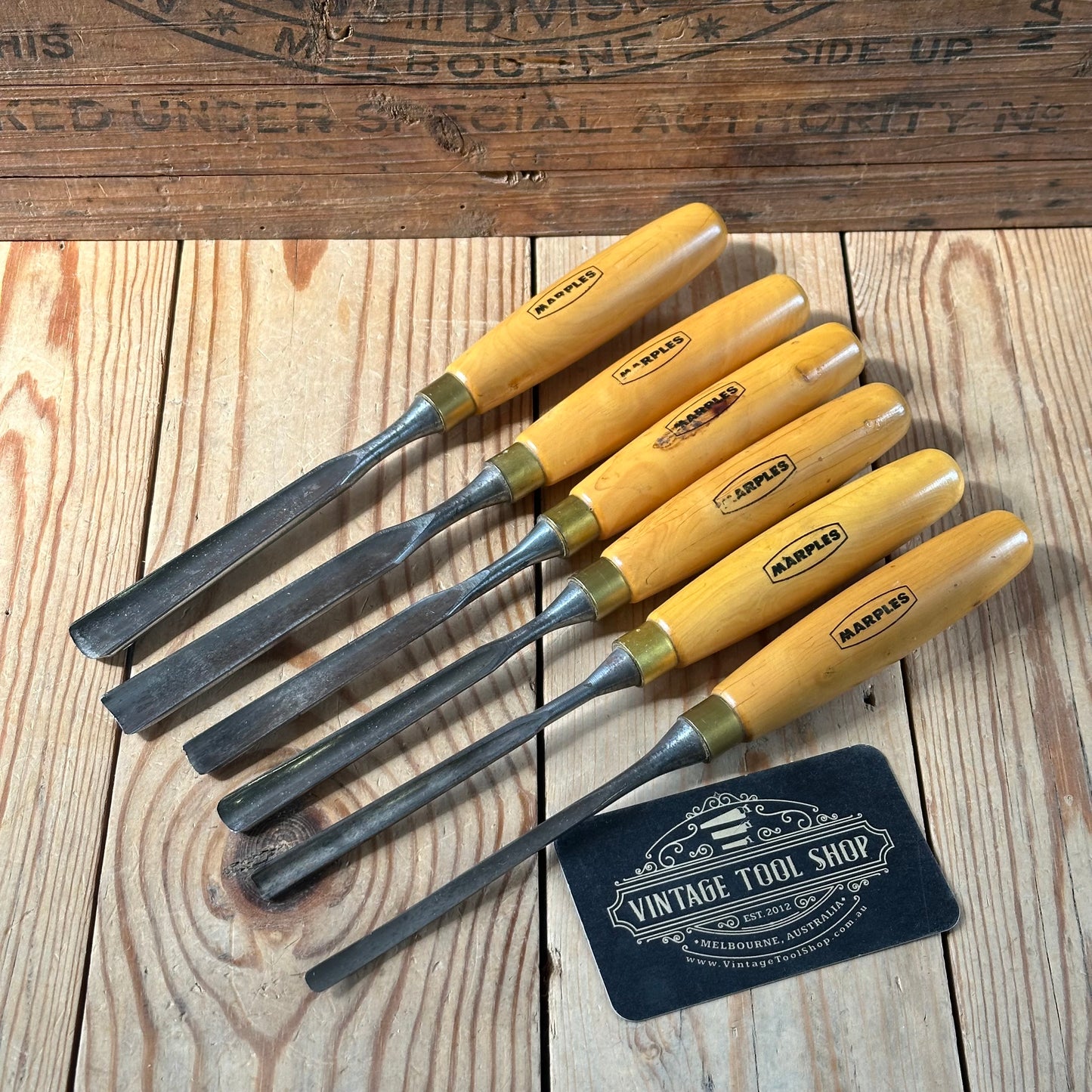 H2571 Vintage set of 6 MARPLES England Boxwood Handled Carving GOUGES CHISELS