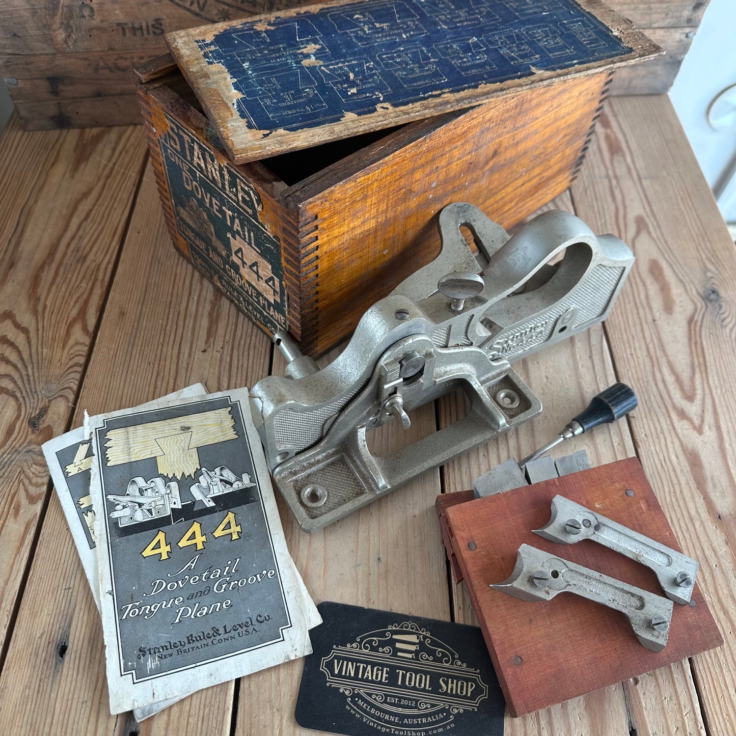 RARE! H2368 Vintage STANLEY USA No.444 Dovetail Tongue & Groove PLANE with cutters IOB