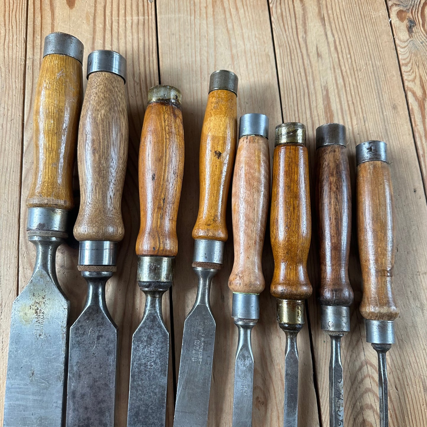 N1818 Vintage set of 8 x TITAN AUSTRALIA No:101 Registered Firmer CHISELS