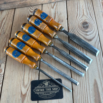H2361 Vintage set of 6 x E.A. BERG Sweden wooden handled BEVEL CHISELS