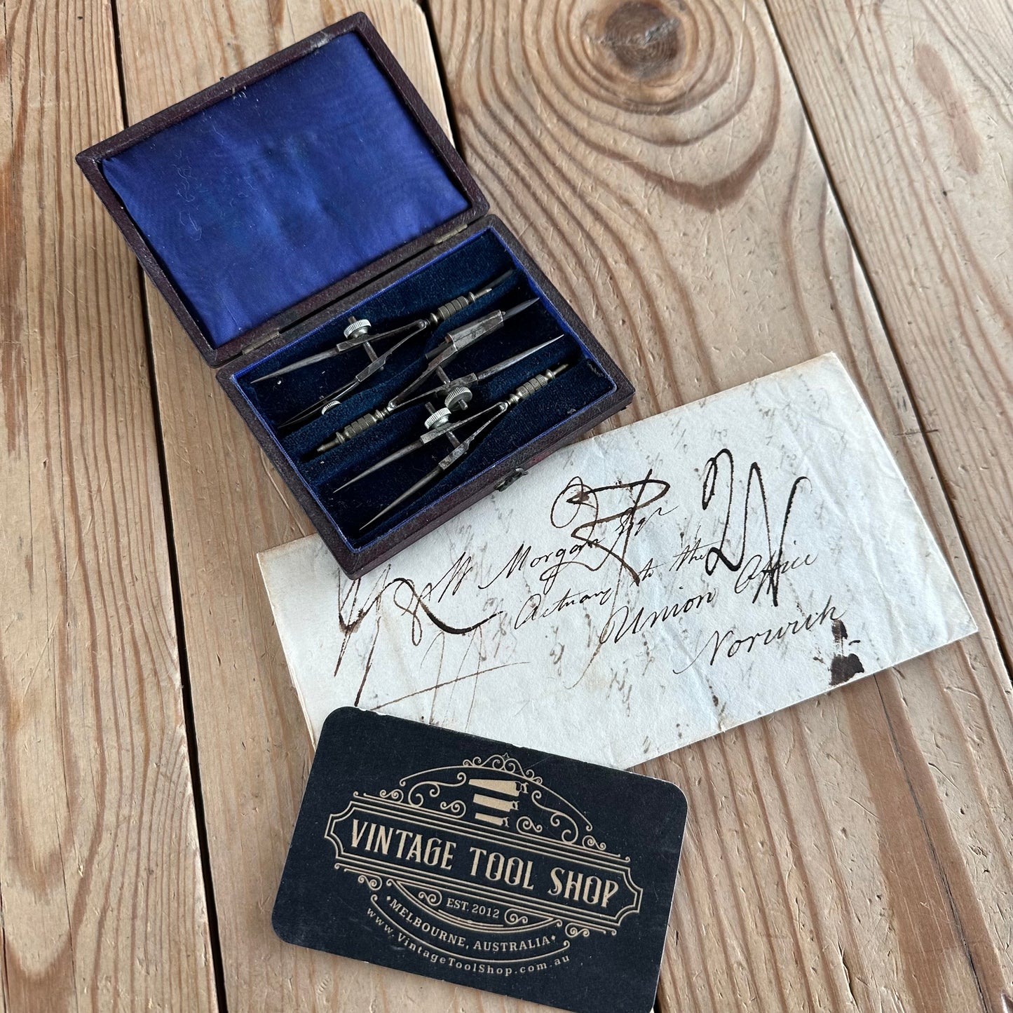 SOLD. H1954 Antique small fancy DRAFTING tools DRAWING SET in leather box & 1814 envelope-letter