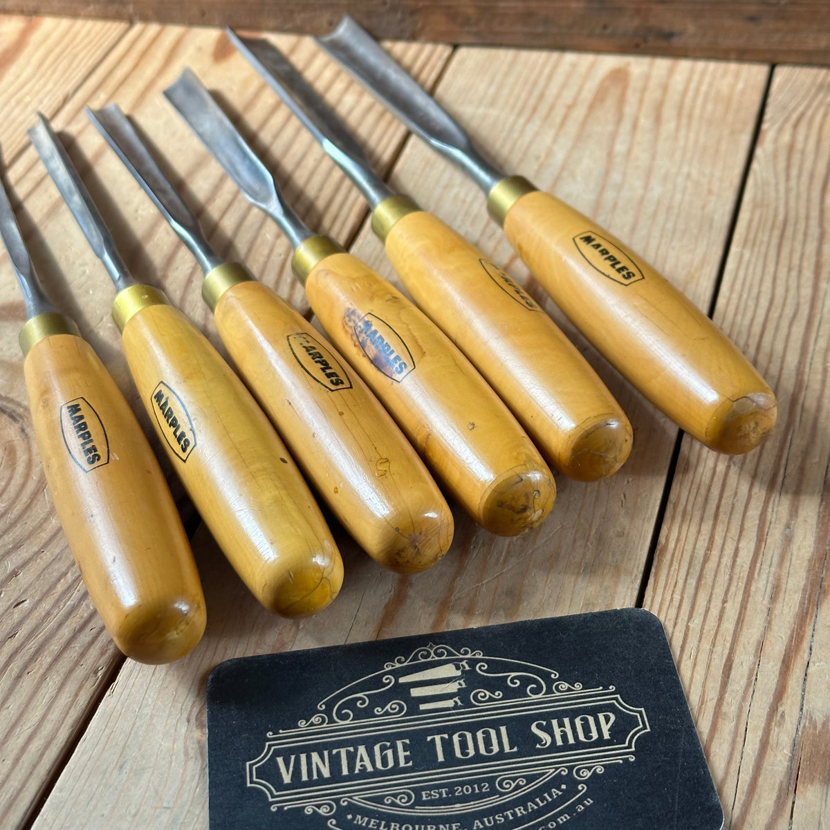 H2571 Vintage set of 6 MARPLES England Boxwood Handled Carving GOUGES CHISELS