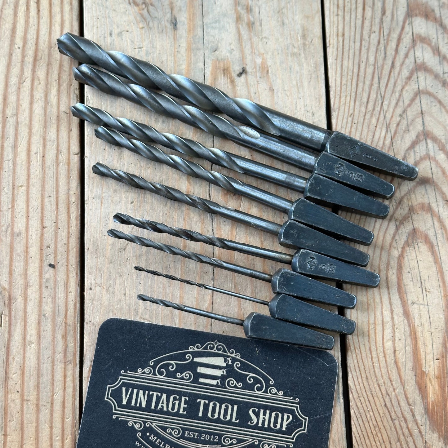H2518 Vintage BOXED Set of 9 x CLEVELAND No:13 wood drill BITS brace BIT set