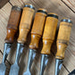H2523 Vintage set of 5 x SWEDISH E.A. BERG Birch handled socketed BEVEL CHISELS