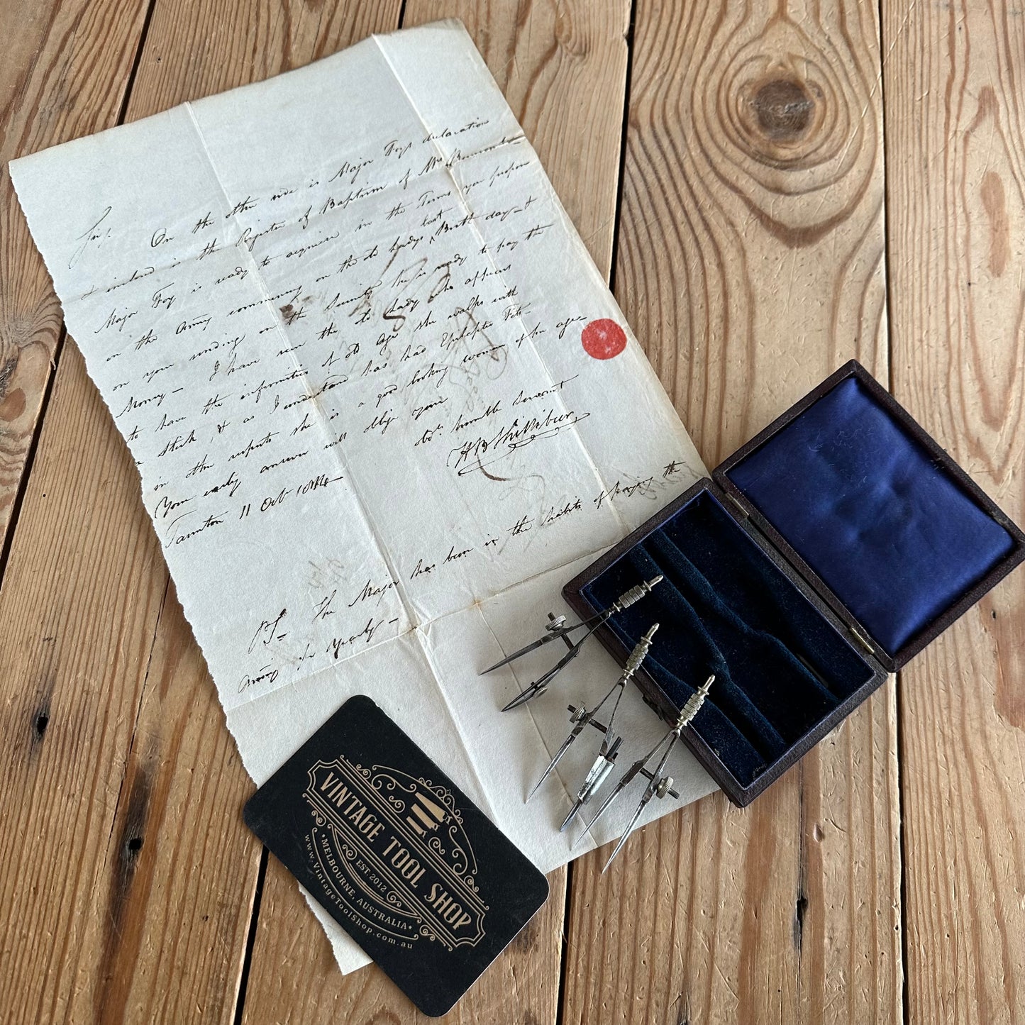 SOLD. H1954 Antique small fancy DRAFTING tools DRAWING SET in leather box & 1814 envelope-letter
