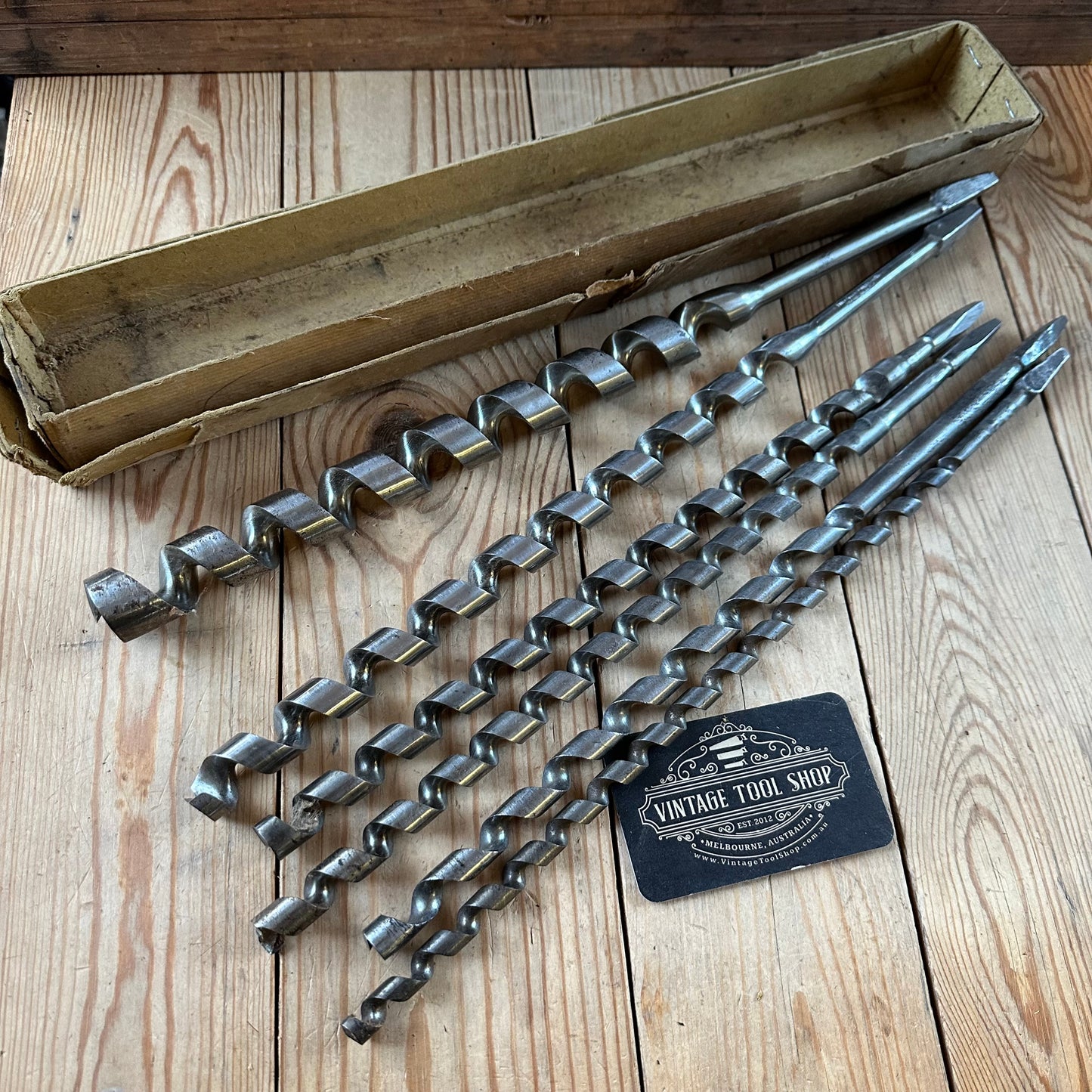 H2498 Vintage set of 6 x FORD PATTERN AUGER BITS IOB by MILLERS FALLS