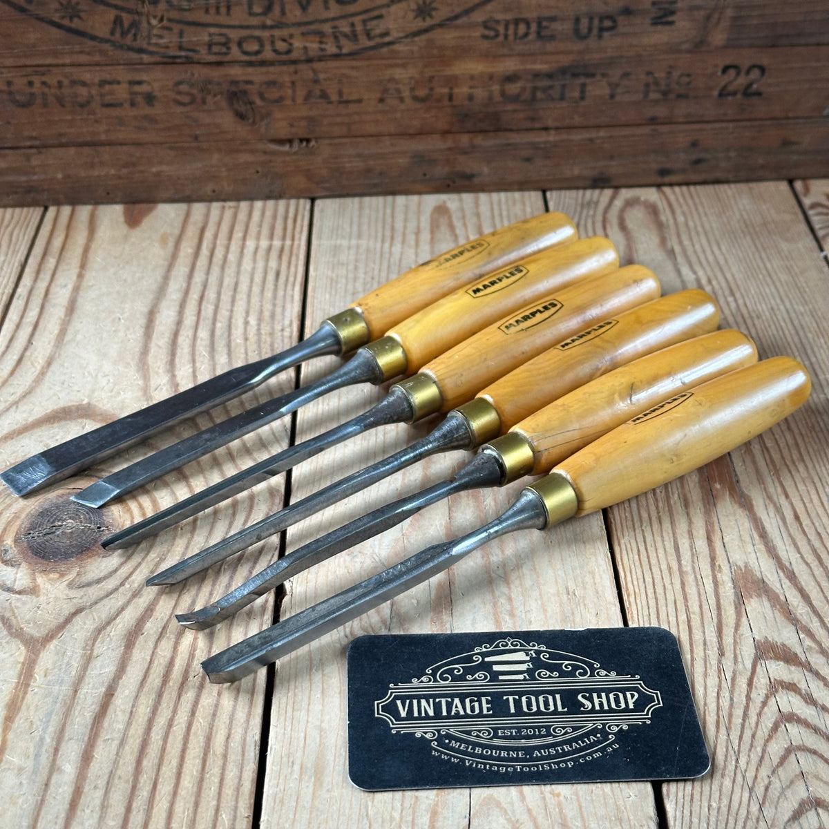 H2582 Vintage set of 6 MARPLES England Boxwood Handled Carving CHISELS including Skew & V-gouge