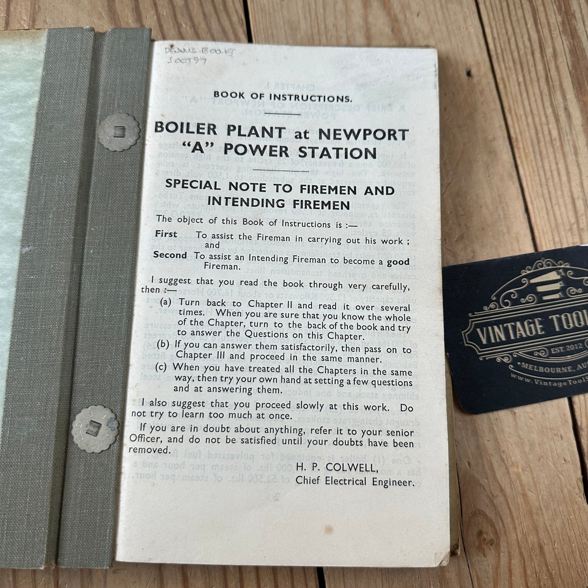 XBN193 Vintage BOOK INSTRUCTIONS for FIREMEN on BOILER PLANT at NEWPORT “A” POWER STATION by H.P.Colwell