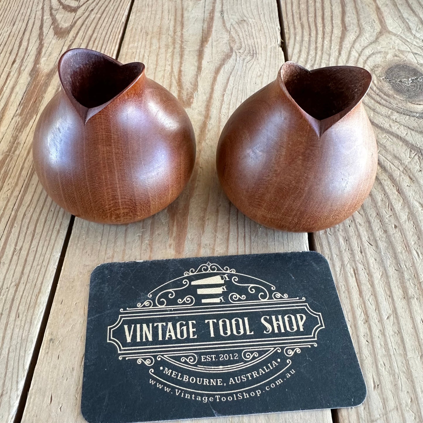 VD2280 Vintage pair of signed CHERRY wooden CANDLE HOLDERS