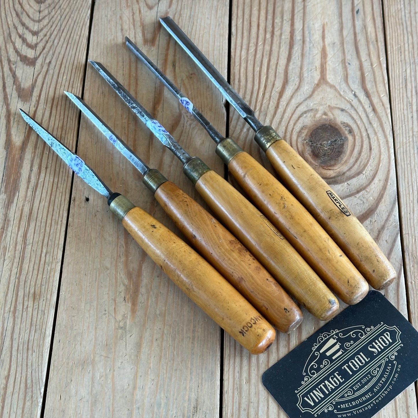 T9438 Vintage set of 5 x MARPLES woodcarving CARVING Vee GOUGES & chisels BOXWOOD Handles