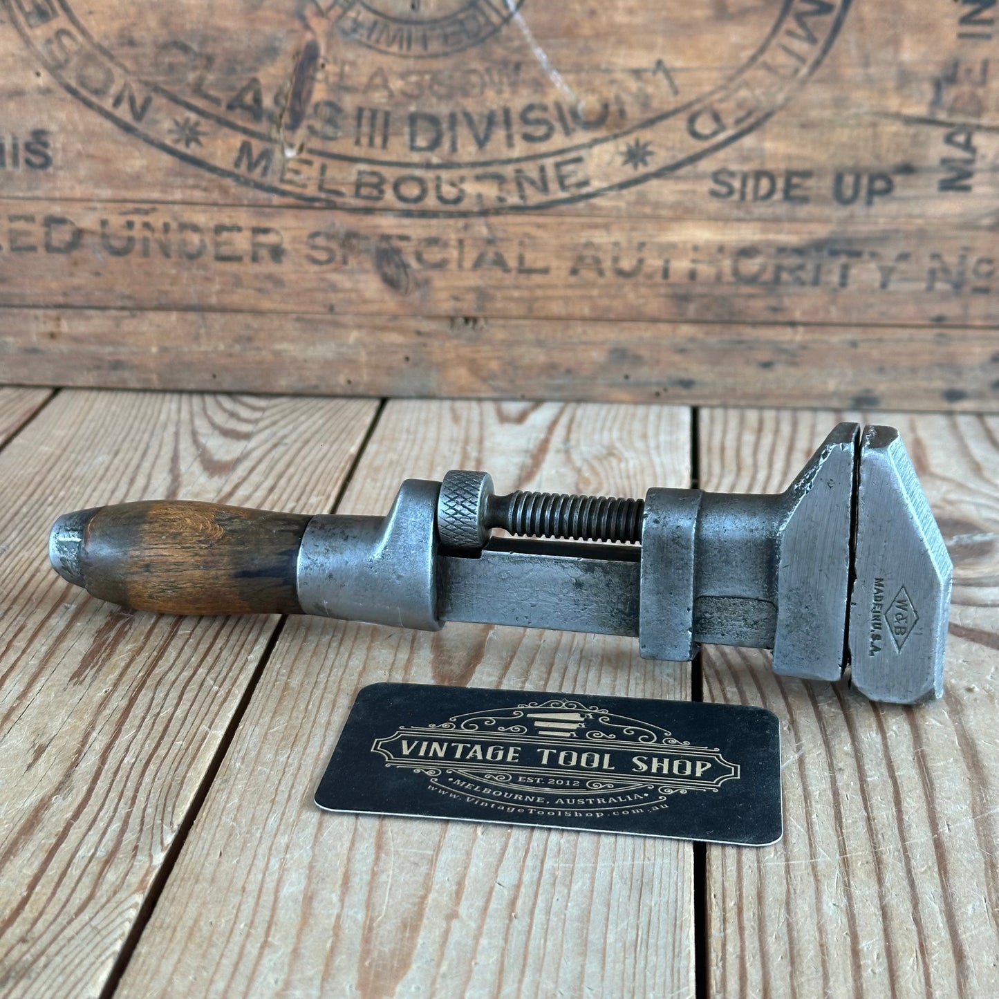 H2367 Vintage WHITMAN & BARNES USA Adjustable 8” WRENCH wooden handle
