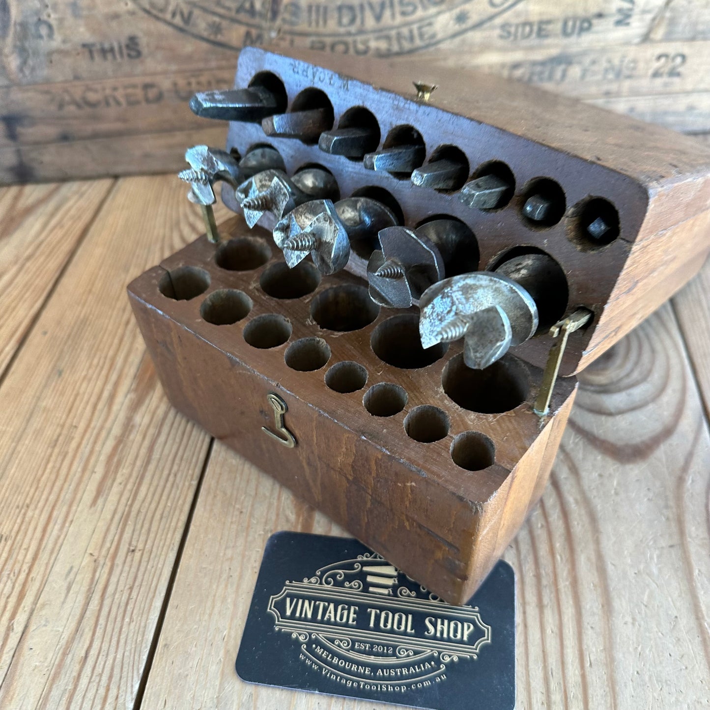 H1745 COOL! Vintage set of 13 SPUR CUTTER AUGER BITS in a fitted wooden BOX