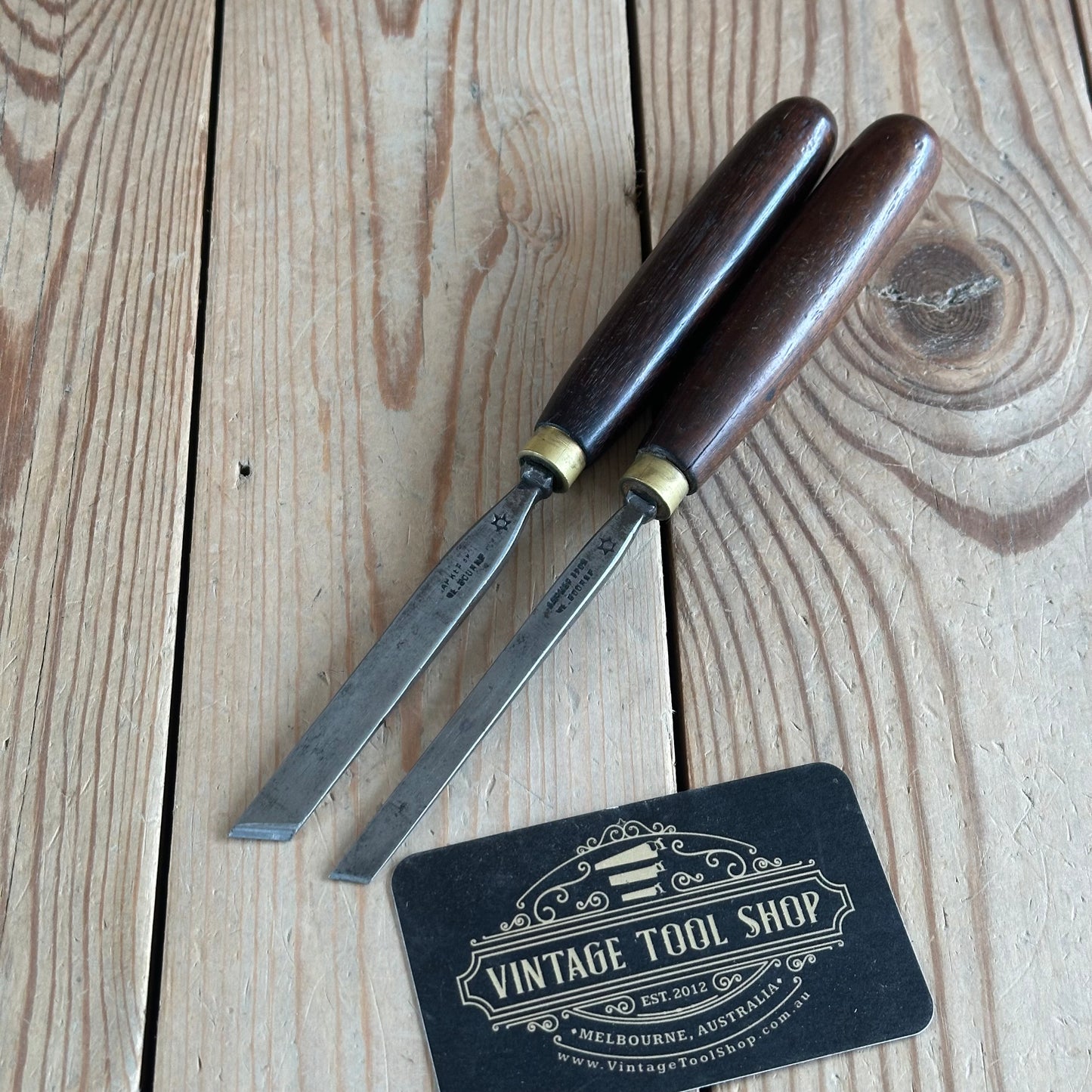 N907 RARE! Vintage pair of ROSEWOOD Handled Barker Bros of MELBOURNE SKEW Carving CHISELS