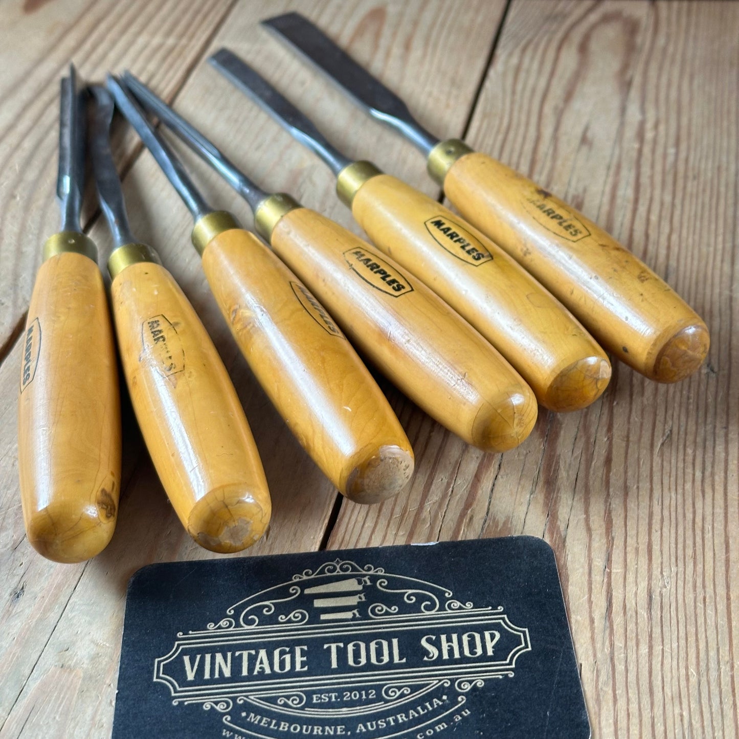 H2582 Vintage set of 6 MARPLES England Boxwood Handled Carving CHISELS including Skew & V-gouge