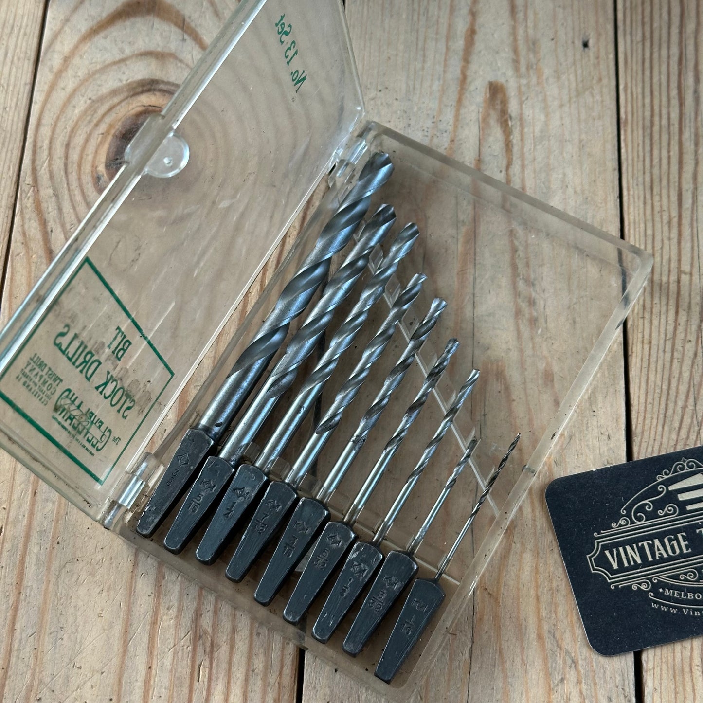 H2518 Vintage BOXED Set of 9 x CLEVELAND No:13 wood drill BITS brace BIT set